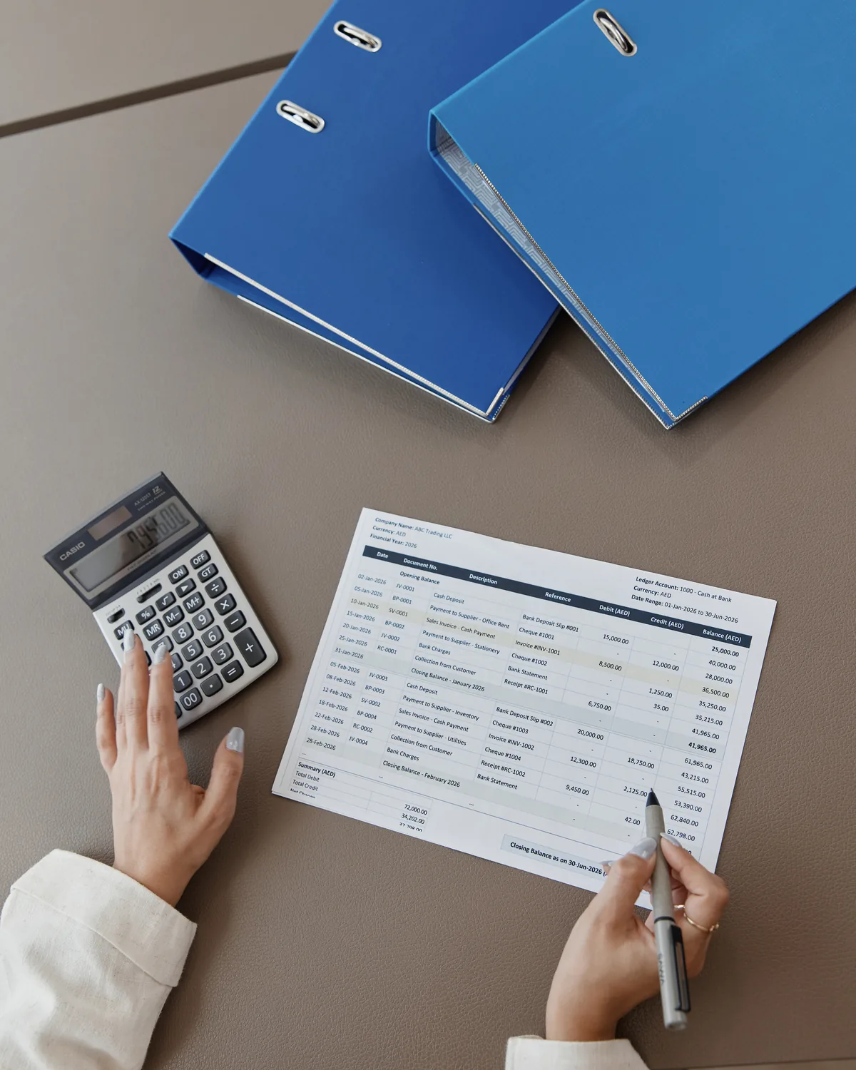 Reconciliation work in progress at Peak Finance: ledgers, a report, and a calculator